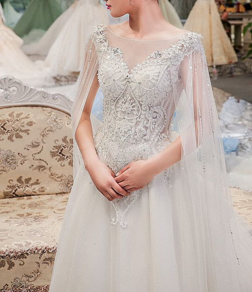 Lace Wedding Gown With Detachable Long Cape V back Wedding Gown High Quality China Factory Price Elegant Dress