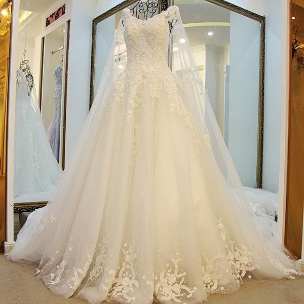 New Model Wedding Dresses With Long Tulle Cape Lace Skirt O-Neck Cap Sleeves Shoulder Shawl New Luxurious Gowns Wedding