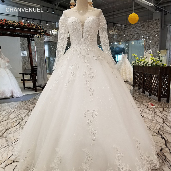 Wholesale To Store And Wholesalers Cheap Wedding Dress O Neck Long Sleeves A-Line Tulle Fabric Open Back Skirt Detail Applique Wedding Gown