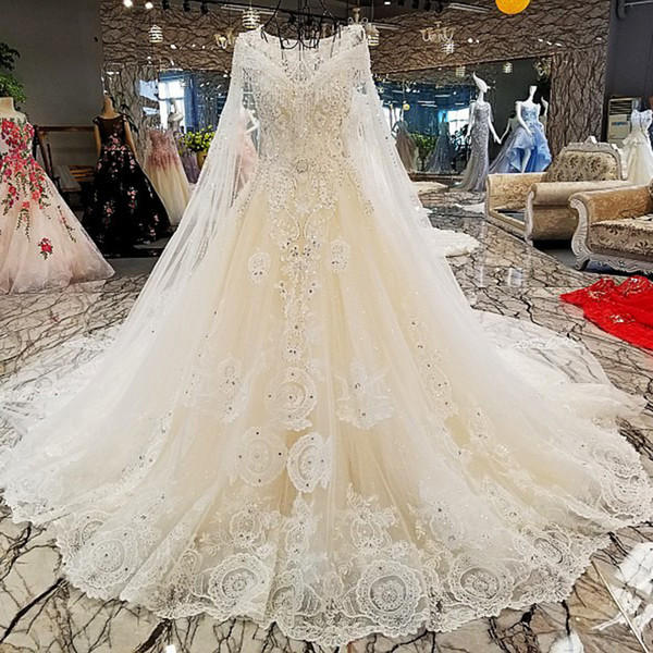 2022Latest Lebanon Wedding Dresses Long Lace Cape Tassel Illusion Neckline Hollow Back Shiny Crystal Sequins Pattern Garden Bridal Gowns