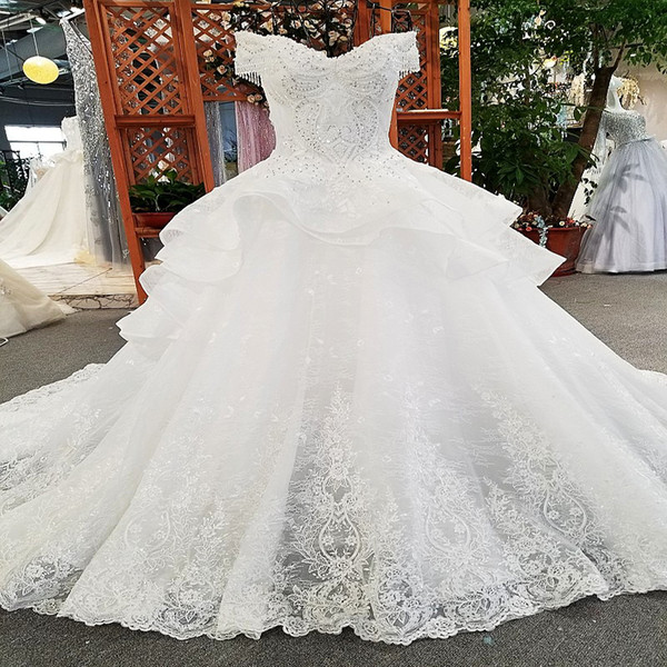 2022Luxury Lebanon Wedding Dresses Tassel Short Sleeve V Neck Lace Up Back Overskirts Cascading Ruffles Shining Crystal Sequins Bridal Gown