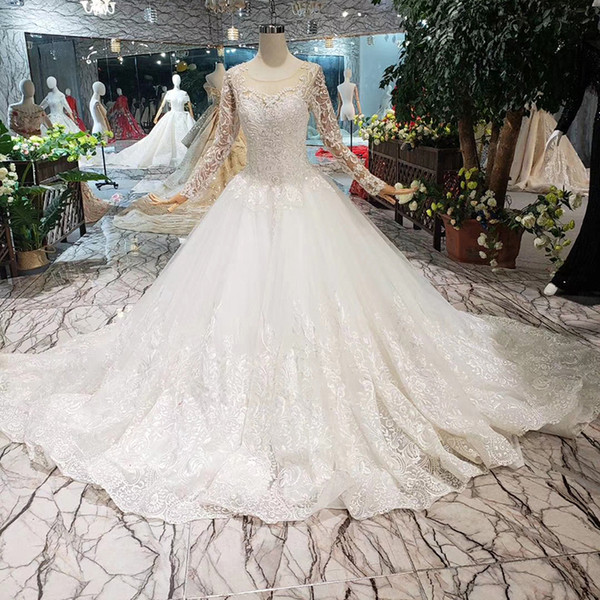 2022Newest Design Turkish Wedding Dress Luxury Modern Long Tulle Sleeve Detail Beaded Applique Lace Ball Gown Wedding Dress 50cm Train