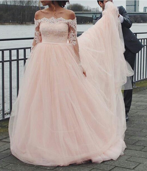 Light pink simple wedding dress A line wedding gowns floor length off shoulder wedding dresses with lace appliques