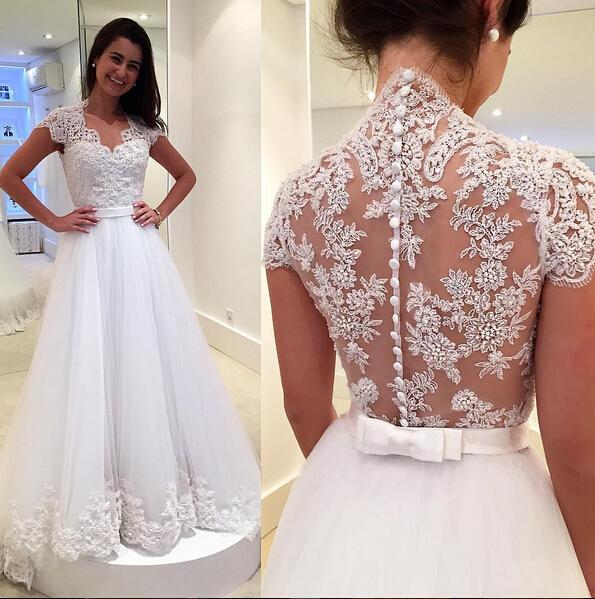 A line Wedding Dresses Lace Appliques floor length Wedding gowns elegant Bridal dress vestidos de novia