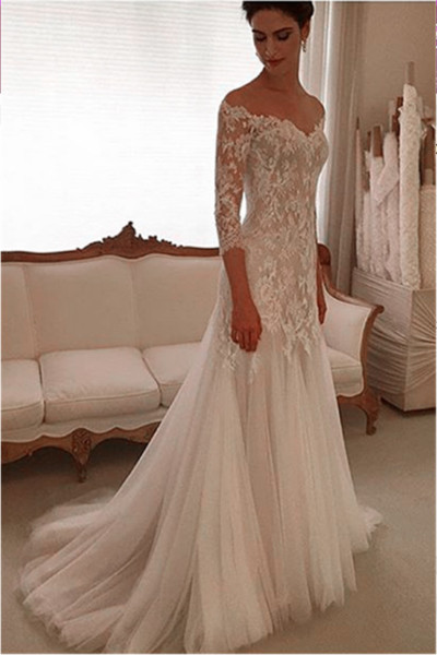 White weeding dresses sweep length A line wedding dress off shoulder tulle elegant bridal gowns with lace appliques