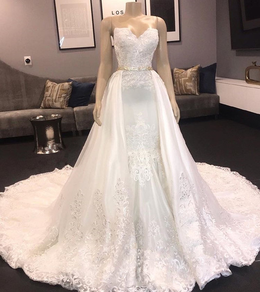 new Luxury lace wedding dress A line wedding gowns over skirt sweep train wedding dresses strapless