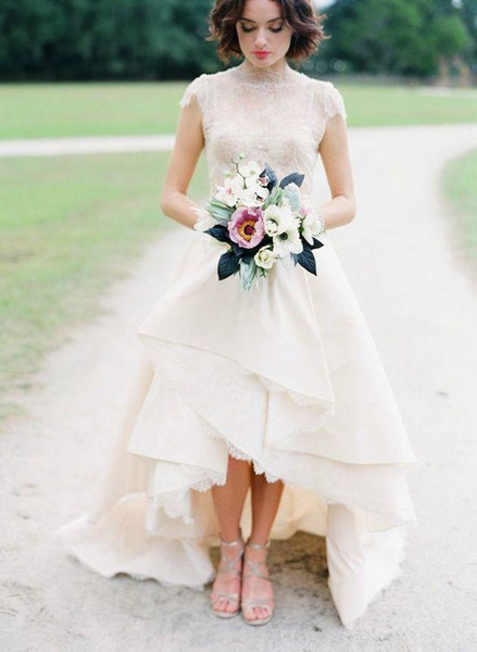 High Low Lace Wedding Dress High Neck Cap Sleeves Bridal Wedding Gown Front Short Back Long country Wedding Dress