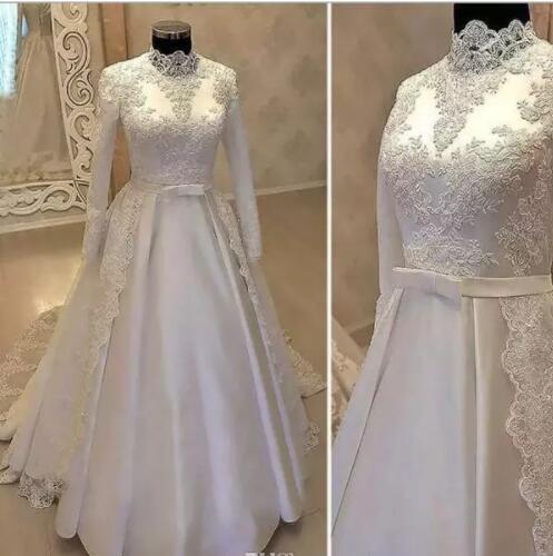 Vintage Muslim Wedding Dresses Long Sleeve Lace Over skirts Satin elegant Bridal Gowns With Belt