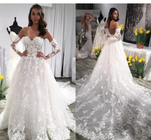 Gorgeous Lace Wedding Dresses Sweetheart separate Long Sleeves Appliques Backless Wedding Gowns Chapel Train Bridal Dresses