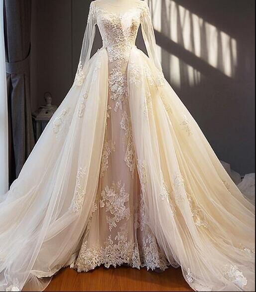 Overskirts Wedding Dresses With Illusion Sleeves Lace Appliques Long Sleeves Wedding Dress Tulle Vintage Bridal Gowns