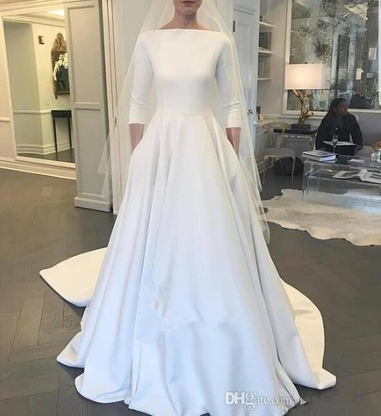 Meghan Markle Style A Line Elegant Wedding Dresses Bateau Neck Long Sleeves Sweep Train Covered Buttons Back Bridal Gowns