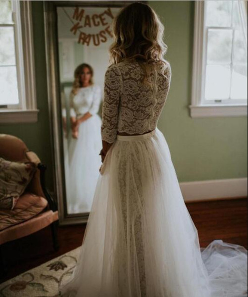 Beach Long Sleeve Two Piece Wedding Dresses Sheer Lace Top Bridal Gowns boho summer simple wedding dress