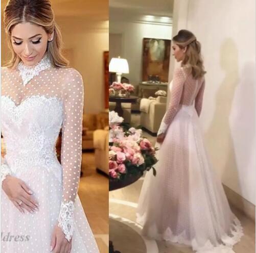 High Neck Wedding Dresses with Long Sleeves Dot Net Lace A Line Sheer Neck and Back Floor Length Bridal dresses