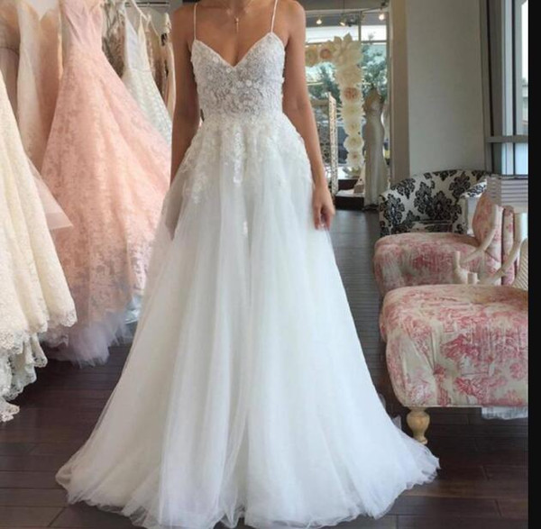 A-line Wedding Dresses Lace Appliques Spaghetti Straps Beads Backless Wedding Bridal Gowns vestidos de novia