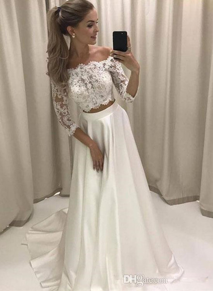 Two pieces wedding dresses beach cheap summer long sleeves lace wedding gowns bridal elegant dresses