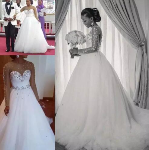 African Sheer Neckline Wedding Dresses rhinestone Long Sleeves Wedding Dress Bridal Gowns Tulle Count Train Beach Style