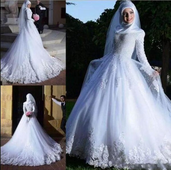 Muslim Wedding Dresses Long Sleeve Lace Applique tulle A line high neck Bridal Wedding Gowns Vestidos de novia