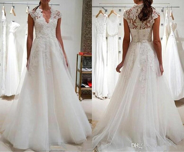 Cap Sleeves A Line Wedding Dresses Lace V Neck Appliques with Button Covered Back Long Bridal Gowns Cheap