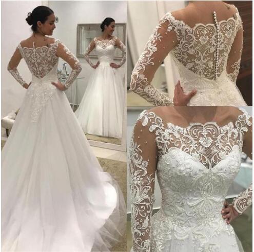 Long Sleeve Wedding Dresses robe de mariée Vintage Covered Button Tulle Garden Bridal Gown Plus Size Wedding Dresses Custom