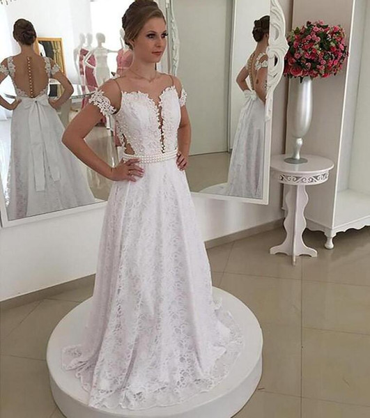 Lace Beach Wedding Dresses Sweep Train White Short Sleeve Pearls Sash Bridal Wedding Gowns plus size