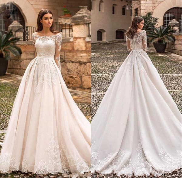 Bohemia Elegant Off Shoulder A Line Wedding Dresses Lace Appliques Illusion Long Sleeve Bridal Gown vestido de novia BC1949