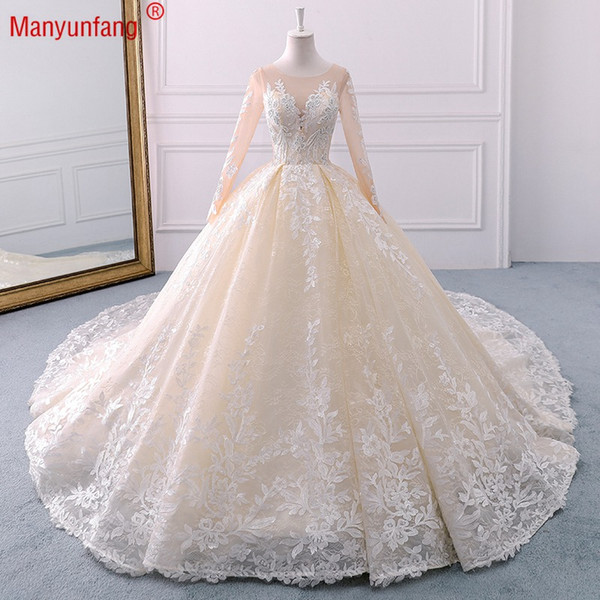 Luxury Beaded Embroidery Bridal Gowns Princess Gown Sweetheart Corset Long Sleeves Cathedral Ball Gown Wedding Dresses