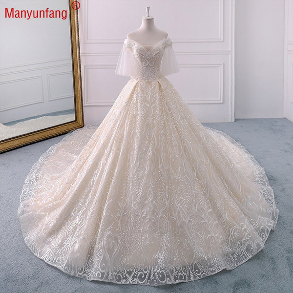 2019 Luxury Bridal Wedding Lace Wedding Dresses Ball Gown Soft Tulle Cap Sleeves Cathedral Train Plus Size Bohemian Bridal Gown