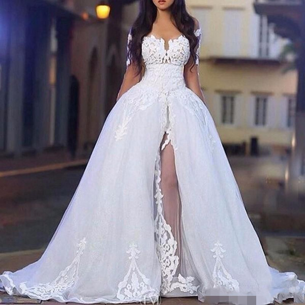 Elegant Wedding Dresses with Overskirt Off the Shoulder Long Sleeve Lace Bridal Gowns with Detachable Train