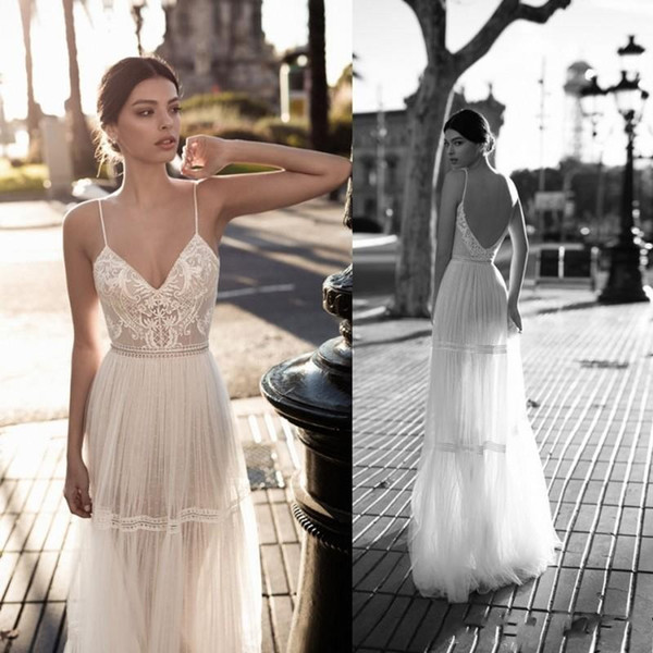 Gali Karten Wedding Dresses Bridal Gowns Lace Applique Berta Bohemian Spaghetti Straps V-Neck Backless Floor Length Real Image