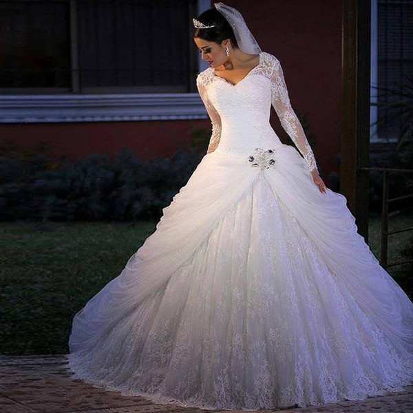 A-line 2017 modest V-neck applique full lace detachable skirt wedding dresses from china gowns 12y cathedral train long sleeves bridal gowns