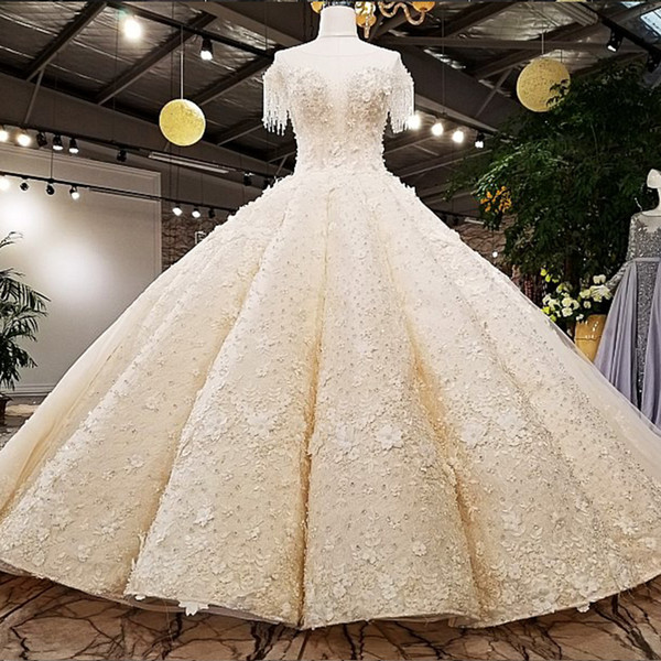 High Quality Luxury Wedding Dress See-Through O-Neck Beaded Short Sleeve Ball Gown Lace Up Back Bridal Wedding Gowns