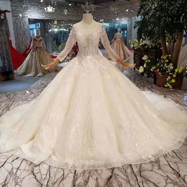 Ball Gown Organza Wedding Dress 2022Illusion O-Neck Illusion Long Tulle Sleeves Lace Up Back Luxury Wedding Gown With Castle Long Train