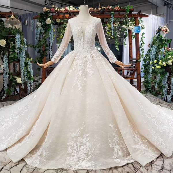 2022Latest country wedding dresses Tassel O Neck Long Tulle Sleeve Lace Up Back Sequins Pearl Applique Pattern lace wedding dresses Garden