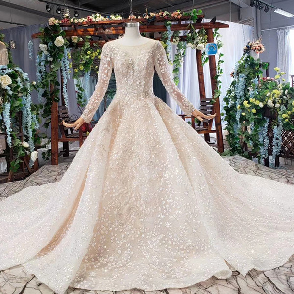 2022Summer Latest wedding dresses Illusion O Neck Long Tulle Sleeve Open Keyhole Back Sequins Crystal princess ball gown wedding dresses