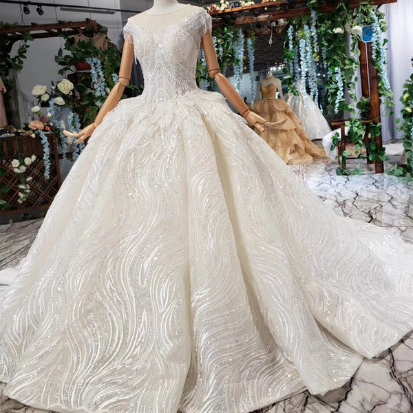 2022Summer Bohemian Wedding Dresses Illusion O Neck Short Sleeve Tulle Back Side Lace Up Back Sequin Crystal Lace Pattern Bridal Gowns New