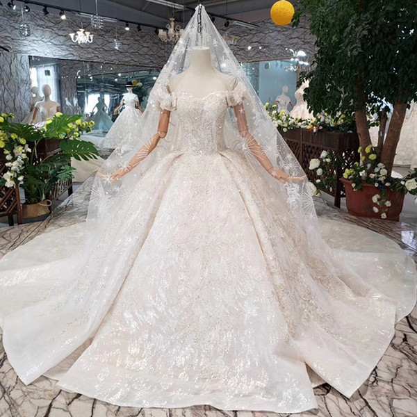 2022Latest Lebanon Bow Sleeve Wedding Dresses Sweetheart Neck Lace Up Back Long Tulle Veil Hand Made Crystal Sequins Pattern Bridal Gowns