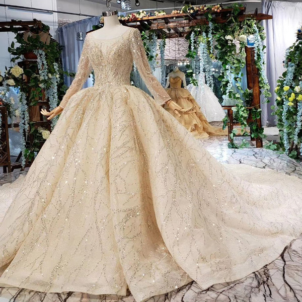 2022Summer Latest Wedding Dresses Illusion Scoop Neck Lace Up Back Long Tulle Sleeve Sequins Crystal Lace Pattern Bridal Gown Garden Latest