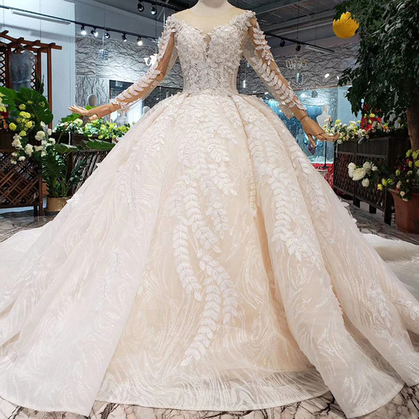 2022New Luxury Turkish Style Wedding Dresses Long Lace Tulle Veil And Train Wedding Gowns Detail Leaf Applique Illusion Sleeve Bridal Gowns