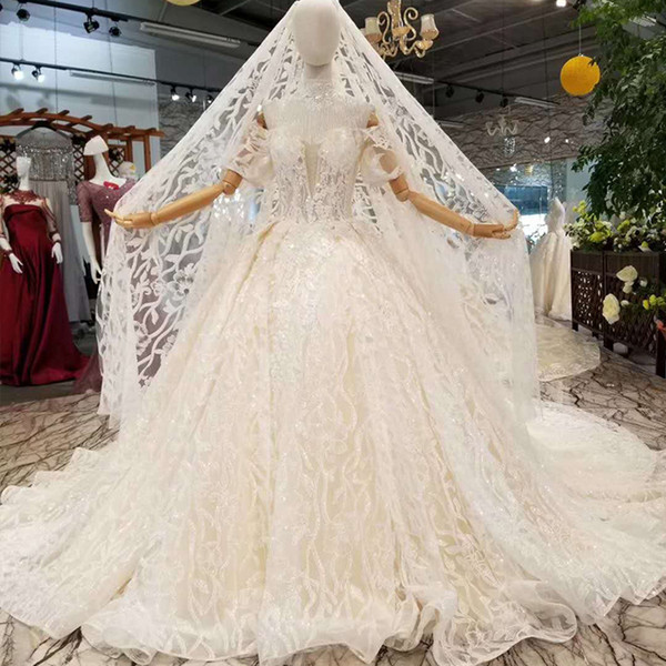 Sexy Ivory Wedding Dresses 2022Newest Style With Collar Chain Sweetheart Ball Gown Flowers Party Wedding Dresses With Shiny Lace Tulle Veil