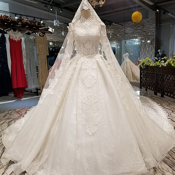 2022Latest Lebanon Long Tulle Sleeve Wedding Dresses Tassel Neck Hand Made 3D Floral Applique Illusion Back Long Veil Garden Bridal Gowns