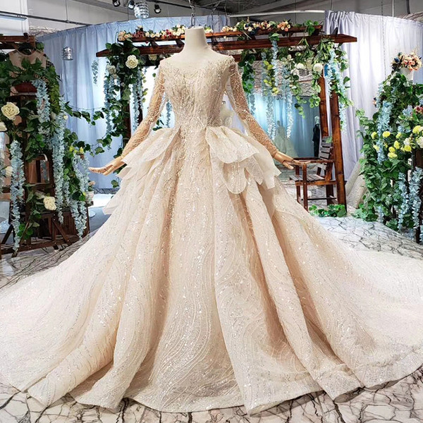 2022Summer Latest Wedding Dresses Long Tulle Sleeve Illusion Scoop Neck Open Keyhole Lace UP Back Ruffle Sequins Lace Applique Bridal Gowns