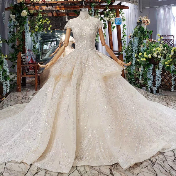 2022Vestidos De Novia Illusion Crystal High Neck Cap Sleeve Open Keyhole Back 3D Lace Applique Princess Ball Gown Wedding Dresses Garden