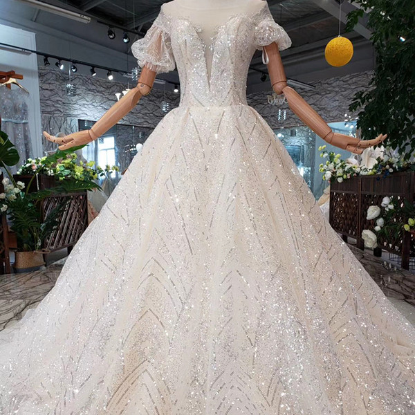 2022Newest Design Lebanon Wedding Dresses Tulle Puff Sleeve Sexy Deep V Neck Wedding Gowns Shining Sequins Open Keyhole Back Bridal Gowns