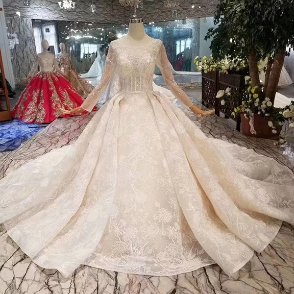 2022Newest Design Lebanon Style Wedding Dresses Long Tulle Sleeve Illusion O Neck Wedding Gowns Shining Beaded Sequins Garden Bridal Gowns