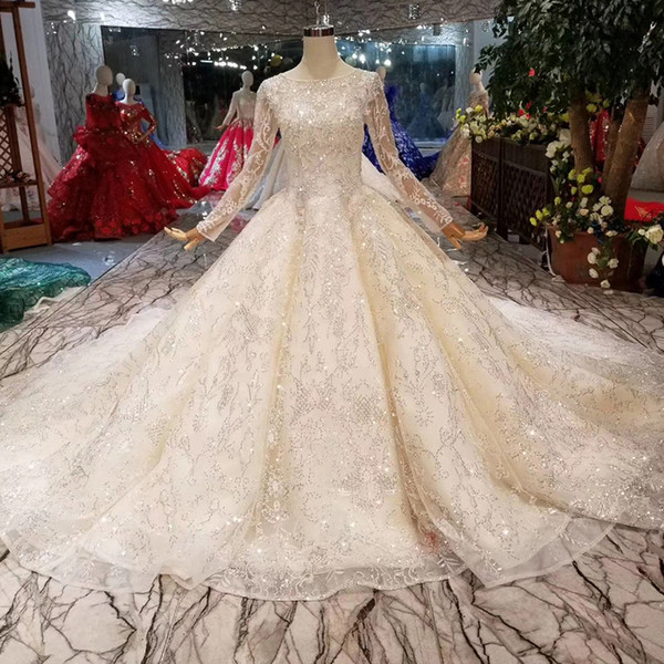 Golden Lace Wedding Gown O-Neck Long Sleeves Sparkly Wedding Dresses Luxury Champagne Shiny Wedding Party Dress 2022Newest Design Dubai