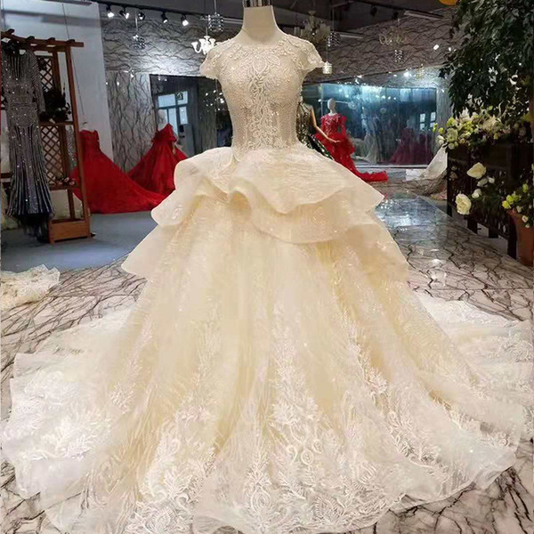 Luxury Classic Style Fairy Wedding Dresses Multi-Layers Skirt O-Neck Cap Sleeves Wedding Gowns With Peplum Spring Small Bride Dress Wedding