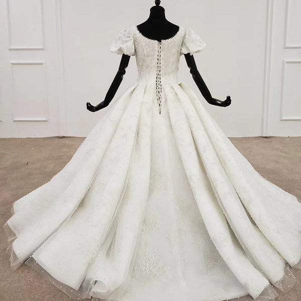 2022Plus Size Wedding Gown Square Neck Puff Short Sleeve Cathedral Train Beading Pearl Luxury Country Wedding Dresses Robe De Mariee