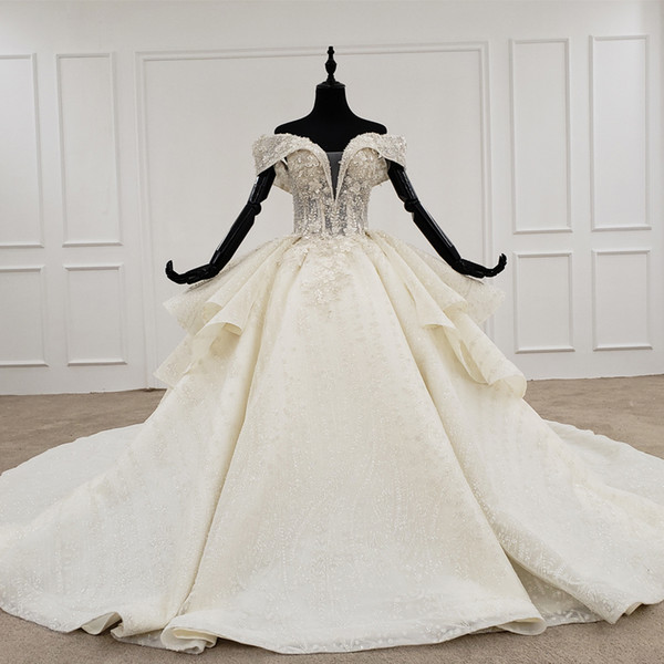 2022Plus Size Wedding Dresses Bridal Gowns Off Shoulder Short Sleeves V-neck Sequin Beading Luxury Lace Wedding Dress Vestido Noiva
