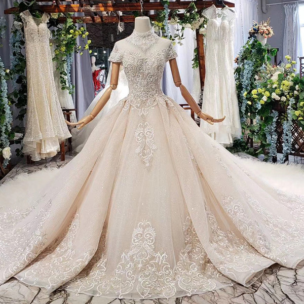 2022vestido de novia boho illusion high neck crystal pearl lace applique open keyhole back new Cascading Ruffles vestidos de novia garden