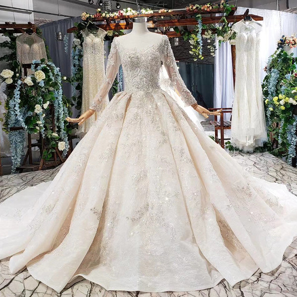 2022latest bohemian wedding dress illusion o neck long tulle sleeve open keyhole back crystal sequins applique sexy simple wedding dresses